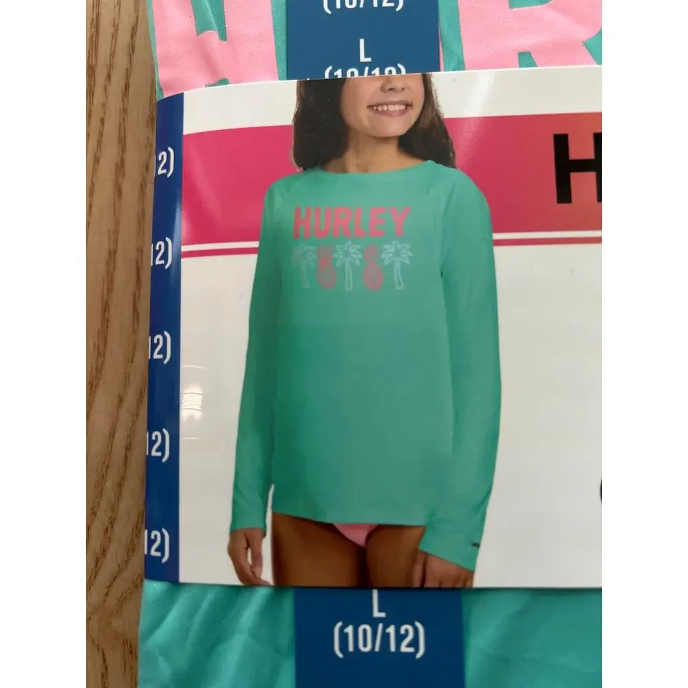 New Girls Hurley Tropic Print Swim Top Long Sleeve UPF 50+ Turquoise Large 10-12